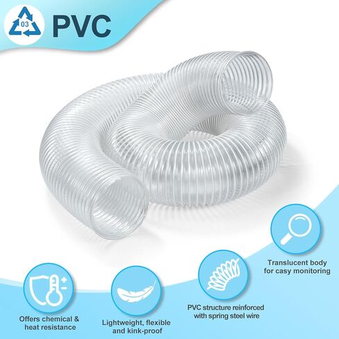 2 1/2 x 20’ Heavy Duty PVC Clear Flexible Dust & Fume Collection Hose with Carbon Steel Wire Coil, Puncture Resistant Hoses for Collectors in Saudi Arabia
