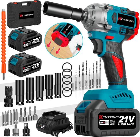 مفتاح ربط لاسلكي بمطرقة 650 نيوتن متر، مسدس تأثير مدمج 21 فولت 1/2 بوصة مع بطارية 2 × 4.0 أمبير وشاحن سريع، مآخذ، مثقاب لولبي، محول، مسدس بدون فرشاة لشاحنة السيارة المنزلية in Kuwait