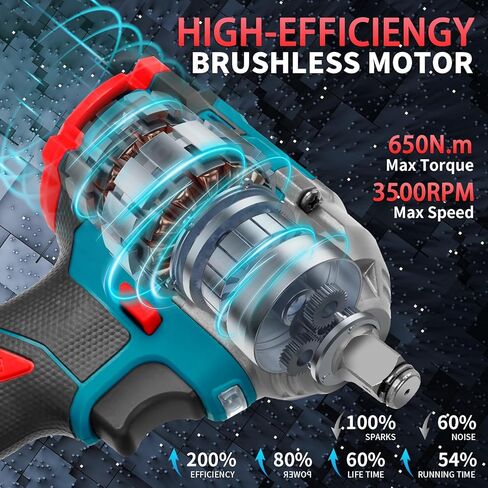 مفتاح ربط لاسلكي بمطرقة 650 نيوتن متر، مسدس تأثير مدمج 21 فولت 1/2 بوصة مع بطارية 2 × 4.0 أمبير وشاحن سريع، مآخذ، مثقاب لولبي، محول، مسدس بدون فرشاة لشاحنة السيارة المنزلية in Kuwait