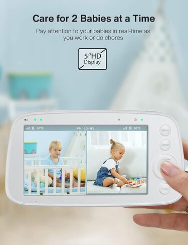 HiPP No WiFi Video Baby Monitor, 5" 720P HD Split-Screen Baby Monitor with 2 Camera and Audio, Infrared Night Vision, 2X Zoom, 900ft Long Range, 4500mAh Battery, 2 Way Audio Talk, White in Saudi Arabia