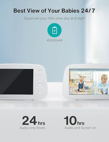 HiPP No WiFi Video Baby Monitor, 5" 720P HD Split-Screen Baby Monitor with 2 Camera and Audio, Infrared Night Vision, 2X Zoom, 900ft Long Range, 4500mAh Battery, 2 Way Audio Talk, White in Saudi Arabia