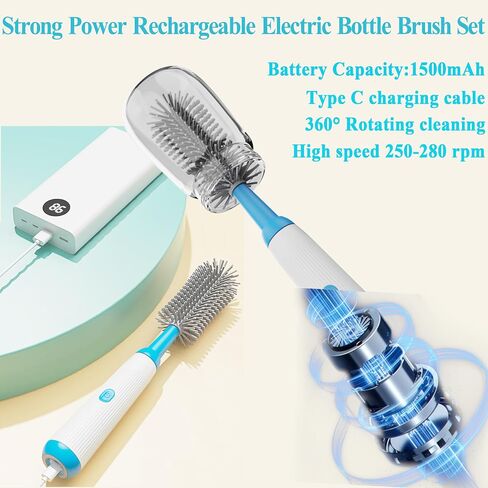 Electric Bottle Brush,Long Handle Electric Water Bottle/Baby Bottle Brush Cleaner, Extra Long Bottle Cleaning Brush Set,1500 mAh,Waterproof IP65 in Saudi Arabia