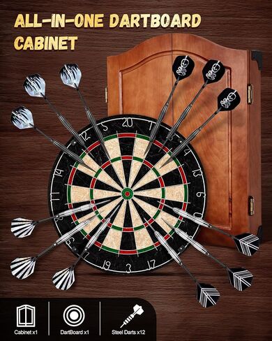 Sisal Dart Board Cabinet Sets, Decorative Dart Boards for Adults [12*Steel Darts] - Wooden Dartboard Cabinet with Integrated Scoreboard for Family Game Rooms [Black] in Saudi Arabia
