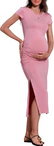 Women's Maternity Dress Short Sleeve Bodycon Dresses Split Maternity Dress for Baby Shower Summer Pregnancy Clothes in Saudi Arabia