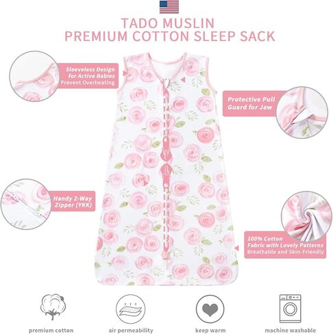 Baby Sleep Sack 18-24 Months Wearable Blanket for Baby 100% Cotton 2-Way Zipper YKK 0.5 TOG Toddler Sleep Sack, Soft Lightweight Sleep Sacks in Saudi Arabia