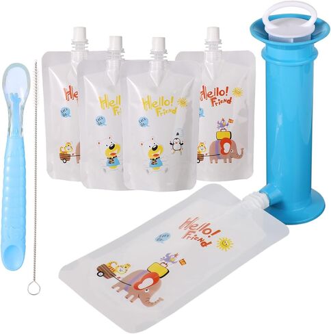 Reusable Baby Food Pouches Refillable Baby Feeding Pouches with Cleaning Brush Baby Food Maker Pouches, Spoon for Toddlers(Blue) in Saudi Arabia