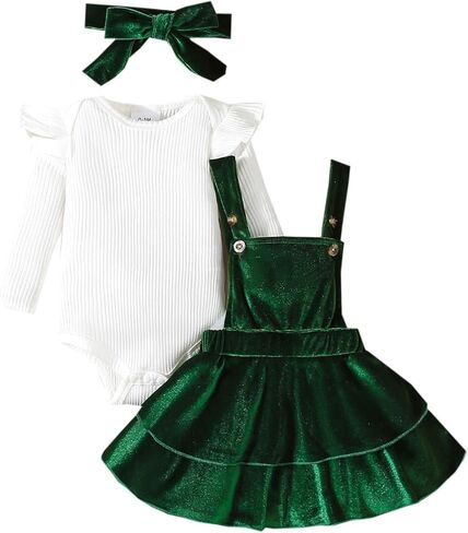 ملابس Noubeau للفتيات الصغيرات للكريسماس بأكمام طويلة + مجموعة تنورة مخملية + عصابة رأس 3 قطع ملابس الخريف والشتاء (أخضر، 0-3 أشهر) in Kuwait