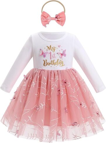 ODASDO Baby Girls First Birthday Outfit Cotton Long Sleeve Tulle Tutu Princess Dress with Bowknot Headband Set in Kuwait