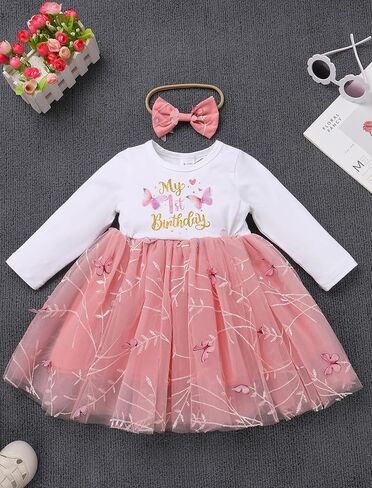 ODASDO Baby Girls First Birthday Outfit Cotton Long Sleeve Tulle Tutu Princess Dress with Bowknot Headband Set in Kuwait