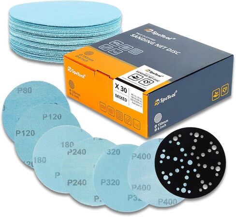 SpeTool Net Sanding Disc, Anti-Blocking 6 Inch Sanding Discs with Sander Pad Saver, 30 Pieces Sandpaper Discs, Grit 240, Dustless Hook and Loop Mesh Sandpaper for Wood, Drywall, Metal, Epoxy Resin in Saudi Arabia