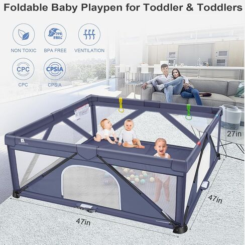 Foldable Baby Gate Playpen, 47"x47"(15.5 sq. ft Space), Extra Large Playards for Toddler, Indoor & Outdoor, Kids Activity Center, Suitable for Home Travel Picnic (47 * 47 INCHES) in Saudi Arabia
