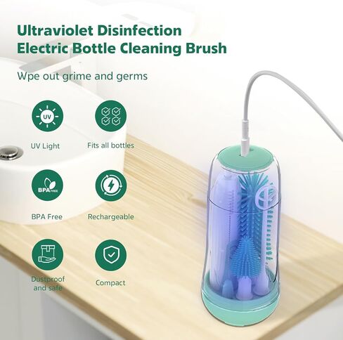 Electric Bottle Brush, Electric Bottle Brush Cleaner with UV Light, Rechargeable Baby Bottle Brush Set with Nipple & Straw Brush, Mixing Head, Drying Rack and Storage Box in Saudi Arabia