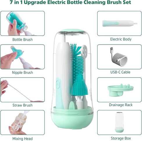 Electric Bottle Brush, Electric Bottle Brush Cleaner with UV Light, Rechargeable Baby Bottle Brush Set with Nipple & Straw Brush, Mixing Head, Drying Rack and Storage Box in Saudi Arabia