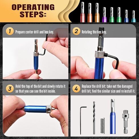 Canitu 17Pcs Colorful Self Centering Drill Bit Set 1/4" Hex Shank VIX Bit,5/64-1/4" Quick Change Hinge Center Drill Bits with 1 Hex Key & 8 Drill Bits for Woodworking Metal Wood Cabinet Window Door in Saudi Arabia