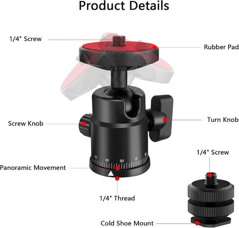 Universal 1/4" Swivel Mini Ball Head Screw Tripod Mount with Hot Shoe Mount, EszkozTA 360° Panoramic Rotating Mount Base Adapter for DSLR Cameras HTC Vive Tripods Monopods Light Stand in Saudi Arabia