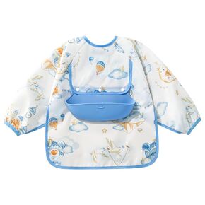 Baby Long Sleeve Smock Bib, Mess Proof Baby Bib, Toddler Waterproof Bibs Shirt for Boys Girls, Infant Feeding Smock for Eating, Baby Apron Silicone Bib with Food Catcher Pocket 6-12 Months