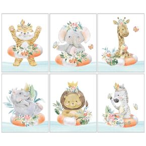 Safari Animal Wall Art Prints - Nursery Decor - Sea - Jungle Nursery Room Pictures for Baby Girl Boy Kids Gift Watercolor, Set of 6, 8X10 Unframed
