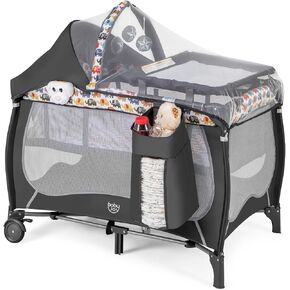 BABY JOY 4 in 1 Pack and Play, Portable Baby Playard with Bassinet, Adjustable Canopy, Changing Table, Lockable Wheels, Glowing Music Box, Travel Baby Crib Bassinet Bed from Newborn to Toddler in Kuwait