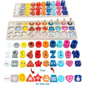 QZMTOY Counting Shape Stacker Wooden Count Sort Stacking Tower with Wood Colorful Number Shape Math Blocks for Kids Preschool Educational Toddlers Toy