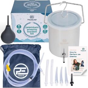 PE Stainless Steel Enema Bucket Kit. Suitable for Coffee and Water Colon Cleansing. 2 Litre Capacity, 2 x 6.75 Foot Long Hoses, 7 Tips. by Premium Enema