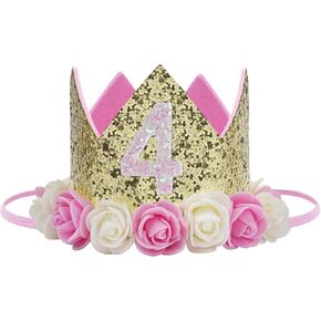 Baby Birthday Crown, Princess Crowns Tiara Girls Party Hat With Gold Glitter and Pink Roses for Birthday Party Decorations