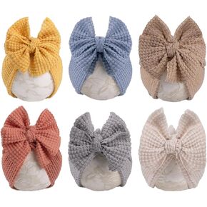 Baby Girl Waffle Hair Bow Turban Hat,Bow Knotted Head Wrap, Oversized Bow Beanie India Cap Warm for Newborn Infant Toddlers 6PCS