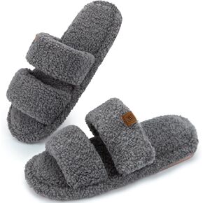 FamilyFairy Open Toe Slippers for Women Adjustable Memory Foam House Shoes Faux Fur Fuzzy Slide Sandals Non Slip Washable