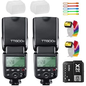 Godox 2x TT600S Flash with Trigger Kit for Sony Cameras, HSS GN60 2.4G Wireless Flash Speedlite, Master/Slave Flash with Built-in 2.4G X Trigger System, X2T-S Trigger Transmitter, Diffuser and Filters