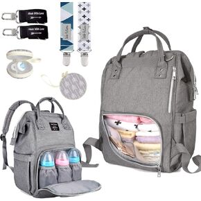 Dodo Babies Diaper Bag Backpack Set - Insulated & Waterproof Pockets - Plus Two Pacifier Clips, Binky Case & Stroller Straps (Teal/Grey)