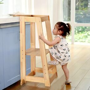 Adjustable Toddler Tower, Stable Standing Tower with 3 Heights Platform & Steps, Wooden Step Stool for Toddlers with Safe Around Rails for Bathroom/Kitchen/Sink, Suitable for Ages 18-36 Months