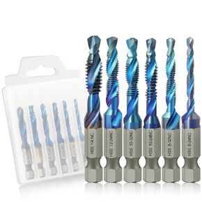 Hakkin 6 Pack Combination Drill Tap Bit Set Screw Tapping in SAE Size 6-32NC 8-32NC 10-24NC 10-32NC 12-24NC 1/4-20NC, Countersink Bit Set for Soft Metal, Wood & Plastic, 1/4" Hex Shank