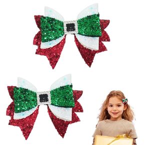 Christmas Bow Hair Clips for Toddler Baby Girls - 2Pcs Glitter Santa Sequin Bows Hair Barrettes Red Green White Cheer Hair Bow Alligator Clips Hairpins Christmas Hair Accessories for Xmas Girls Gifts