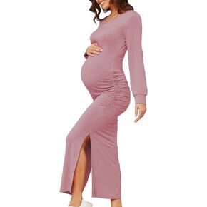 Women's Maternity Bodycon Dress Long Sleeve Split Midi Dresses Elegant Pregnancy Clothe Maternity Wedding Guest Dress,Pink S