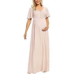 Button Down Maternity Maxi Dress, Ruffle Short Sleeve Baby Shower Photoshoot Dresses