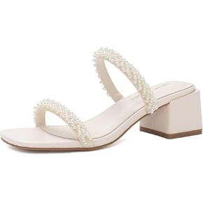 Shoe'N Tale Pearl Heels for Women Block Low Heel Heeled Sandals Square Toe Slip On Slide Mules