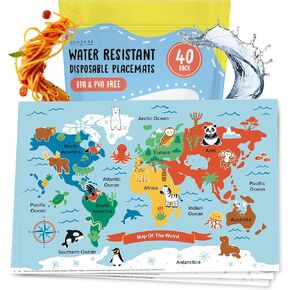 Disposable Placemats for Kids - 40 Pcs Stick On Placemats - World Map - Baby Eating Essentials for Travel - Sticky Placemats Splat Mat High Chair Cover for Restaurant Dining Airplane - by Central 23