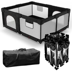 Foldable Baby Playpen with Gate, Extra Large Collapsible Play Yard for Babies & Toddlers, Portable Travel Playpen, Baby Activity Center for Indoor & Outdoor Use (Grey 59"×71")