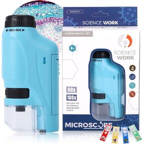 Axlksia Mini Microscope for Kids and Adults, Kids Microscope Handheld 60x-180x LED Lighted Pocket Microscope with 4 Slides for Kids Student Science Lab Education (Blue Pocket Microscope)