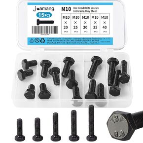 M8 x 60mm 65mm 70mm 75mm 80mm Hex Head Screws Bolts, Alloy Steel Grade 8.8, Black Oxide Finish, Full Thread, Hexagon Head Bolts, Assortment Kit 15PCS