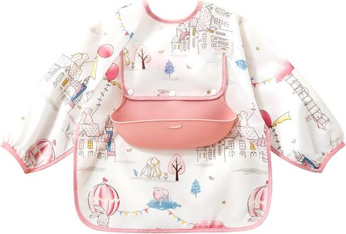 Baby Long Sleeve Smock Bib, Mess Proof Baby Bib, Toddler Waterproof Bibs Shirt for Boys Girls, Infant Feeding Smock for Eating, Baby Apron Silicone Bib with Food Catcher Pocket 6-12 Months in Saudi Arabia