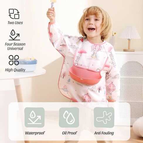 Baby Long Sleeve Smock Bib, Mess Proof Baby Bib, Toddler Waterproof Bibs Shirt for Boys Girls, Infant Feeding Smock for Eating, Baby Apron Silicone Bib with Food Catcher Pocket 6-12 Months in Saudi Arabia