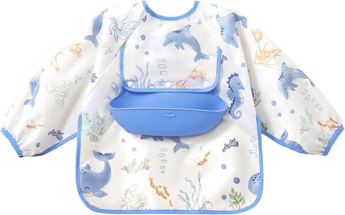 Baby Long Sleeve Smock Bib, Mess Proof Baby Bib, Toddler Waterproof Bibs Shirt for Boys Girls, Infant Feeding Smock for Eating, Baby Apron Silicone Bib with Food Catcher Pocket 6-12 Months in Saudi Arabia