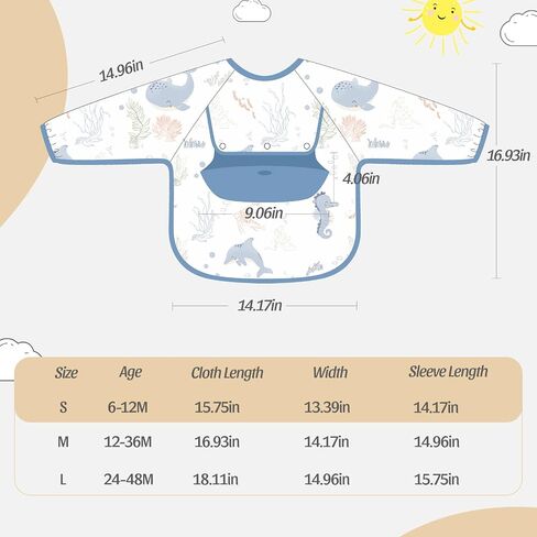 Baby Long Sleeve Smock Bib, Mess Proof Baby Bib, Toddler Waterproof Bibs Shirt for Boys Girls, Infant Feeding Smock for Eating, Baby Apron Silicone Bib with Food Catcher Pocket 6-12 Months in Saudi Arabia