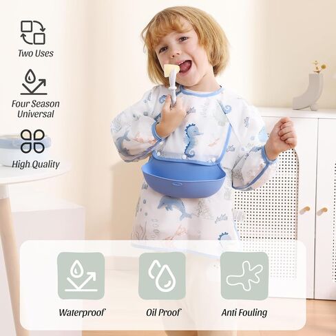 Baby Long Sleeve Smock Bib, Mess Proof Baby Bib, Toddler Waterproof Bibs Shirt for Boys Girls, Infant Feeding Smock for Eating, Baby Apron Silicone Bib with Food Catcher Pocket 6-12 Months in Saudi Arabia