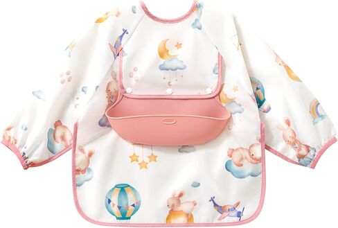 Baby Long Sleeve Smock Bib, Mess Proof Baby Bib, Toddler Waterproof Bibs Shirt for Boys Girls, Infant Feeding Smock for Eating, Baby Apron Silicone Bib with Food Catcher Pocket 6-12 Months in Saudi Arabia