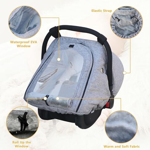 TSAYAWA Baby Car Seat Cover Winter, Warm Cozy Carseat Cover for Babies with EVA Window Waterproof, Full Protection Infant Car Seat Covers for Boys Girls, Windproof Newborn Car Seat Canopy, Gray in Saudi Arabia