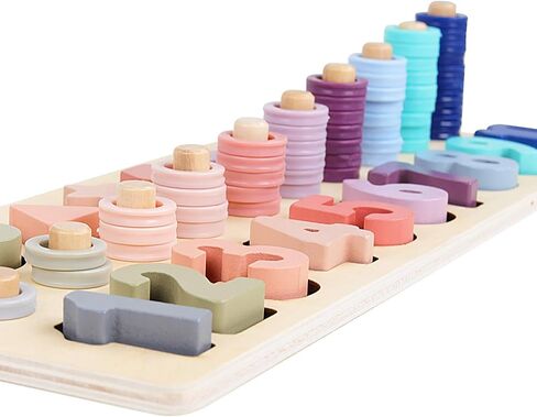 QZMTOY Counting Shape Stacker Wooden Count Sort Stacking Tower with Wood Colorful Number Shape Math Blocks for Kids Preschool Educational Toddlers Toy in Kuwait