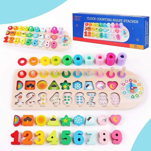 QZMTOY Counting Shape Stacker Wooden Count Sort Stacking Tower with Wood Colorful Number Shape Math Blocks for Kids Preschool Educational Toddlers Toy in Kuwait