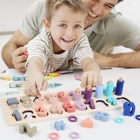 QZMTOY Counting Shape Stacker Wooden Count Sort Stacking Tower with Wood Colorful Number Shape Math Blocks for Kids Preschool Educational Toddlers Toy in Kuwait