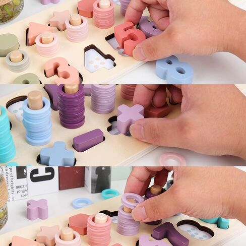 QZMTOY Counting Shape Stacker Wooden Count Sort Stacking Tower with Wood Colorful Number Shape Math Blocks for Kids Preschool Educational Toddlers Toy in Kuwait